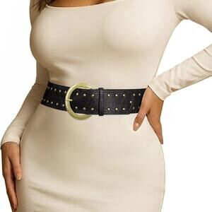 Wide Chunky Studded Leather Belt – 2.3” Vintage Waist Belt with Brass Buckle
